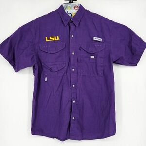 LSU Tigers Shirt Mens Medium Columbia Button Up Outdoors Short Sleeve Purple